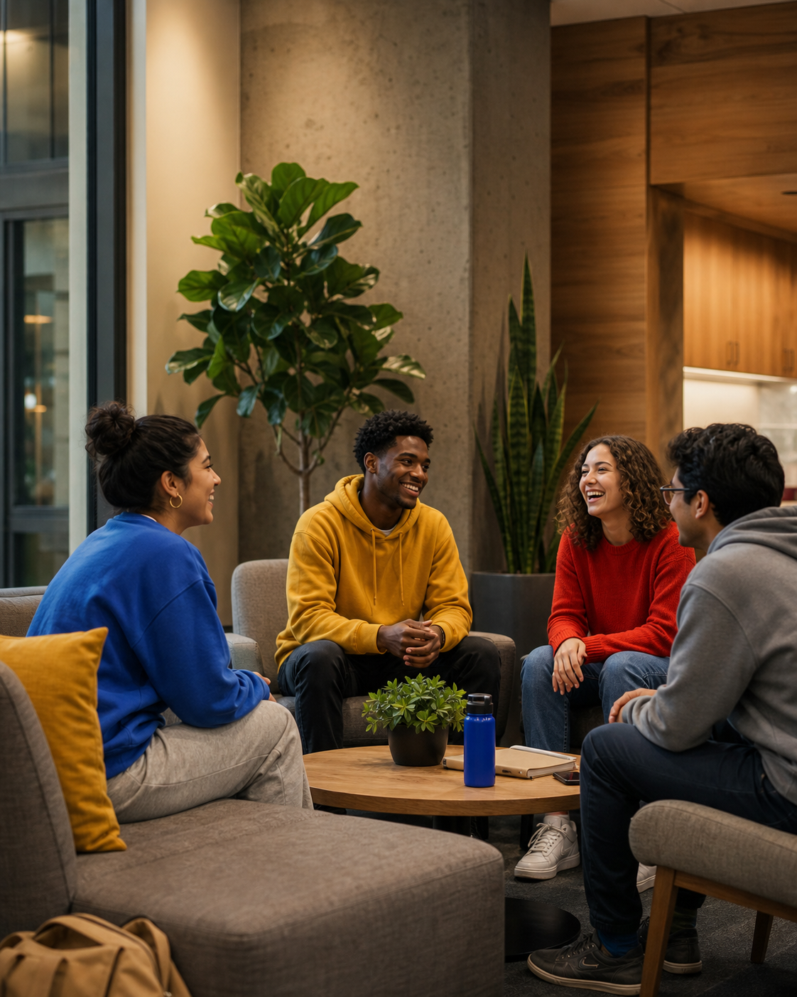 A group of students talking together in a residence-hall lounge.