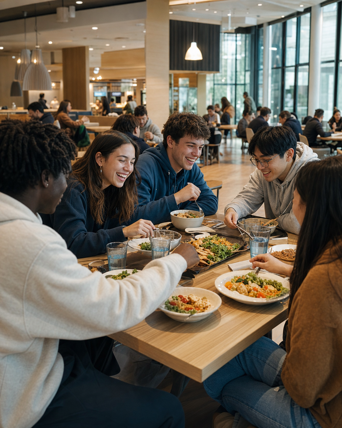 College students sharing a meal in a campus dining hall.