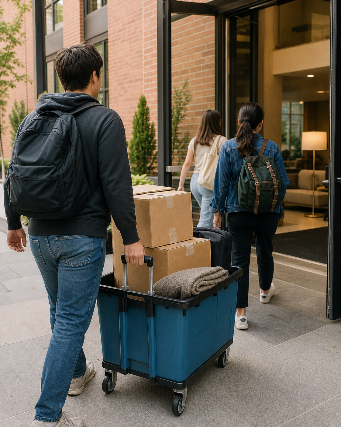 Students arriving at a residence hall with a move-in cart and boxes.