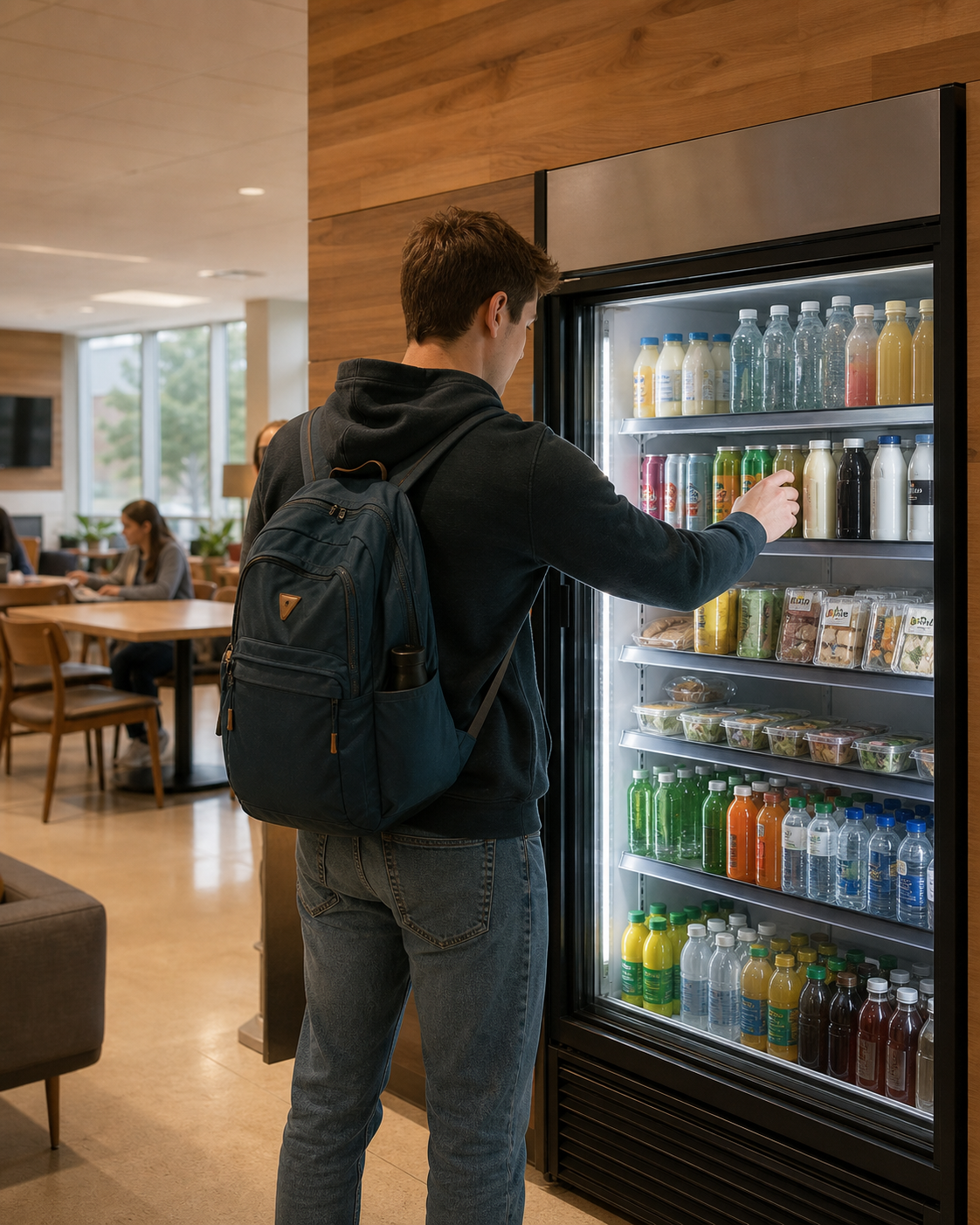 A student selecting a drink from a residence-hall micro-market.