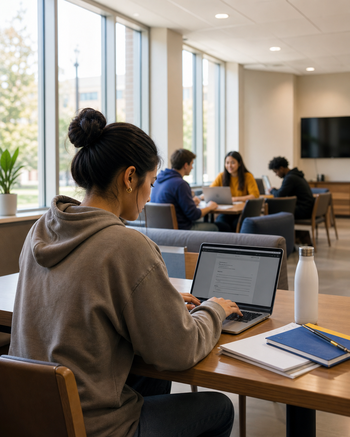 A student working on a laptop in a residence-hall study lounge.